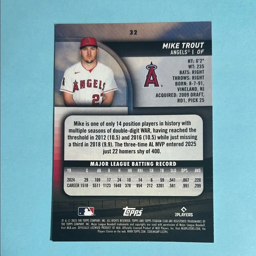 2025 Stadium club  Angels,Mike Trout ‘Halo’  Trading Card #32